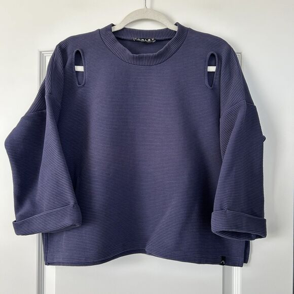 Varley Jenny Ribbed Cut Out Boxy Sweatshirt Oversized Top Sz Small Navy Blue - Picture 1 of 11